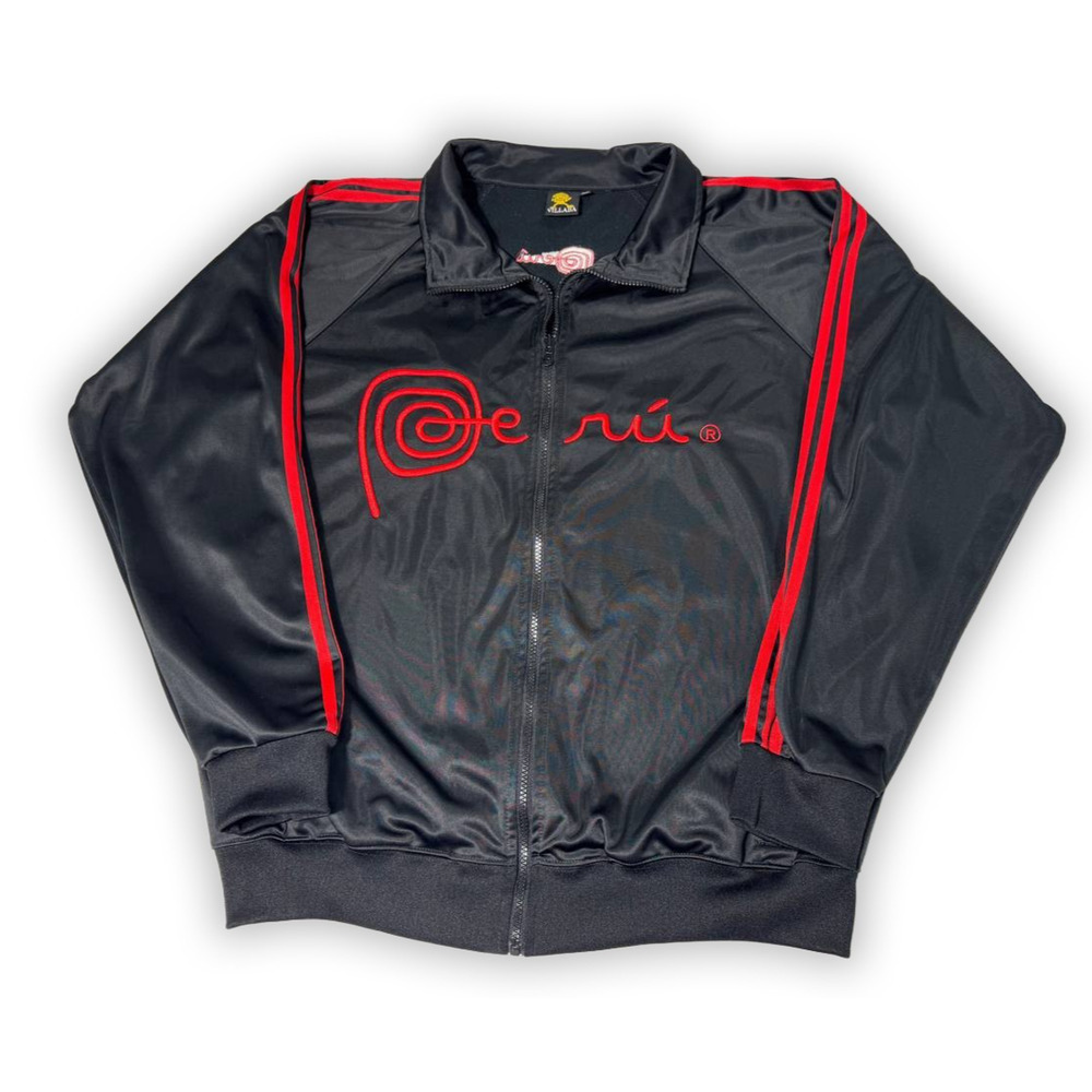Peru Track Jacket Mens XL Black Red Embroidered Villaba Full Zip Athletic Street